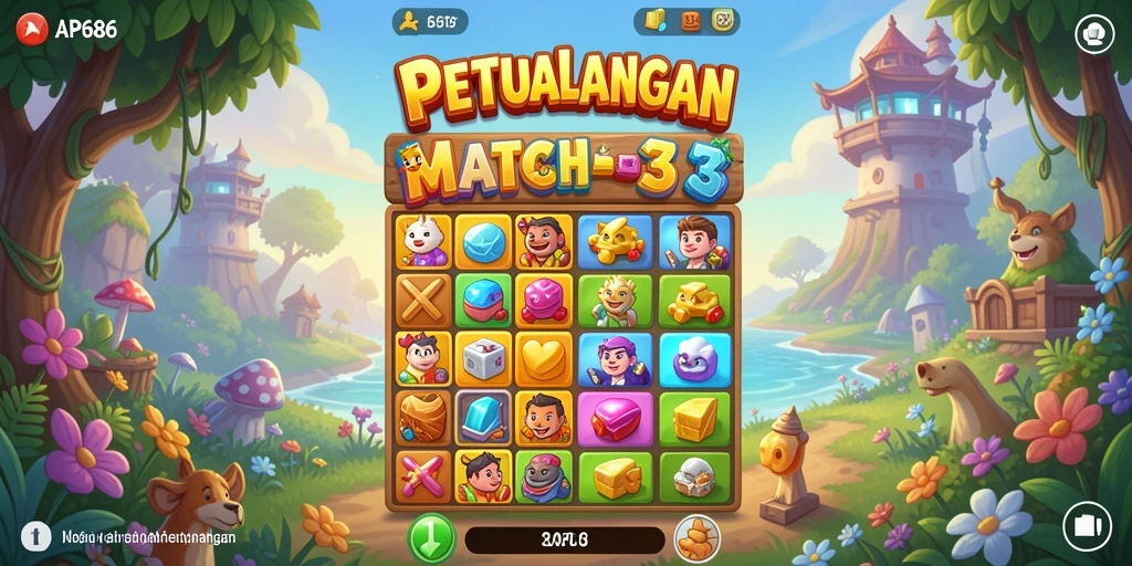 Tampilan gameplay seru di AP686 dengan level Match-3 yang menantang.