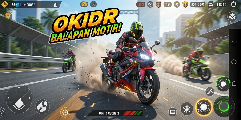 Screenshot utama OKIDR menampilkan aksi balapan motor yang mendebarkan.