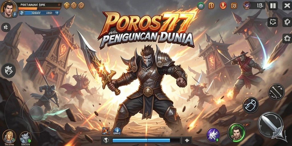 Screenshot utama POROS77 menampilkan pertarungan seru antar karakter.