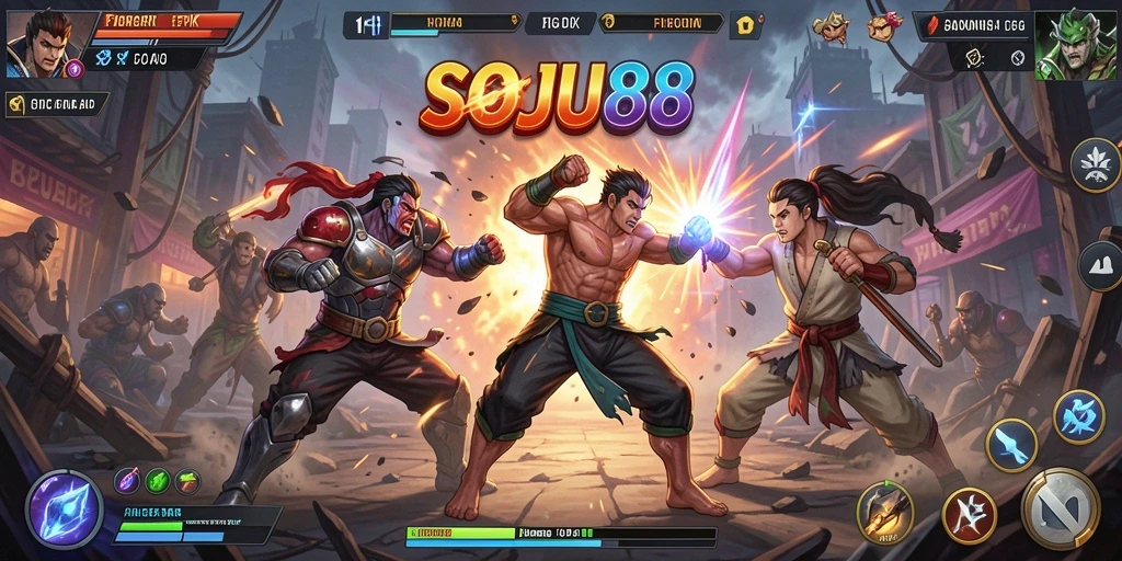 Tampilan seru dari pertarungan karakter dalam SOJU88.